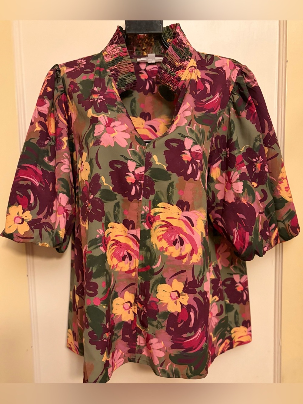 THML Olive Floral V-Neck Puff Sleeve Blouse - Picture 3 of 10